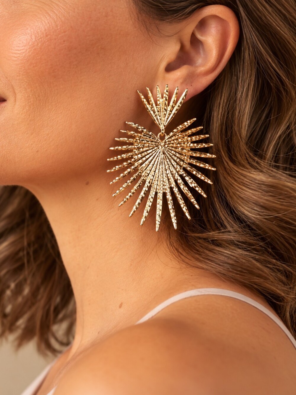 Throne Sunburst Heart Shaped 14k Gold Plated Earrings